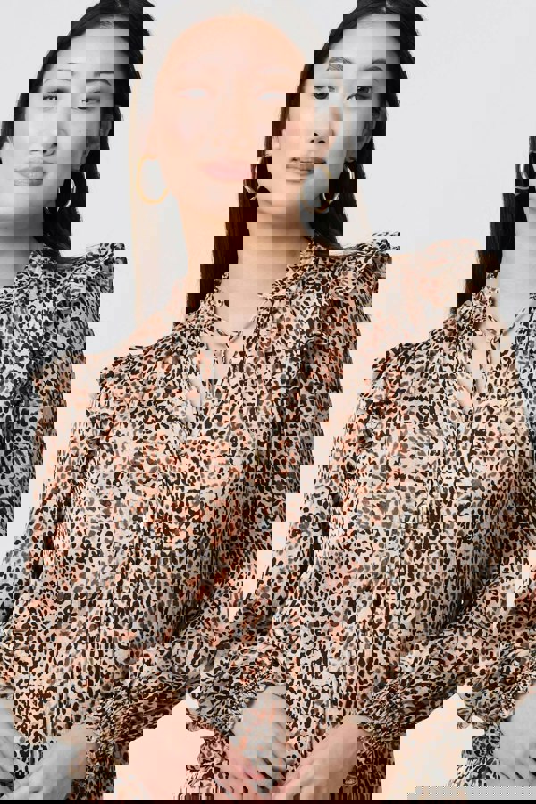 Beige | Animal Print Tie-Up Keyhole Neck Blouse
