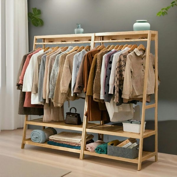 Rafaelo Mobilia Bamboo Clothes Rail With 2 Shelves