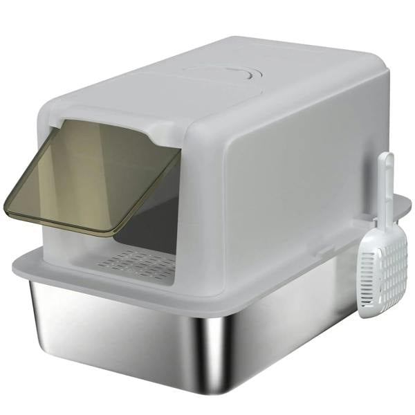 Grey stainless steel cat litter box with removable lid, open front, hanging scoop