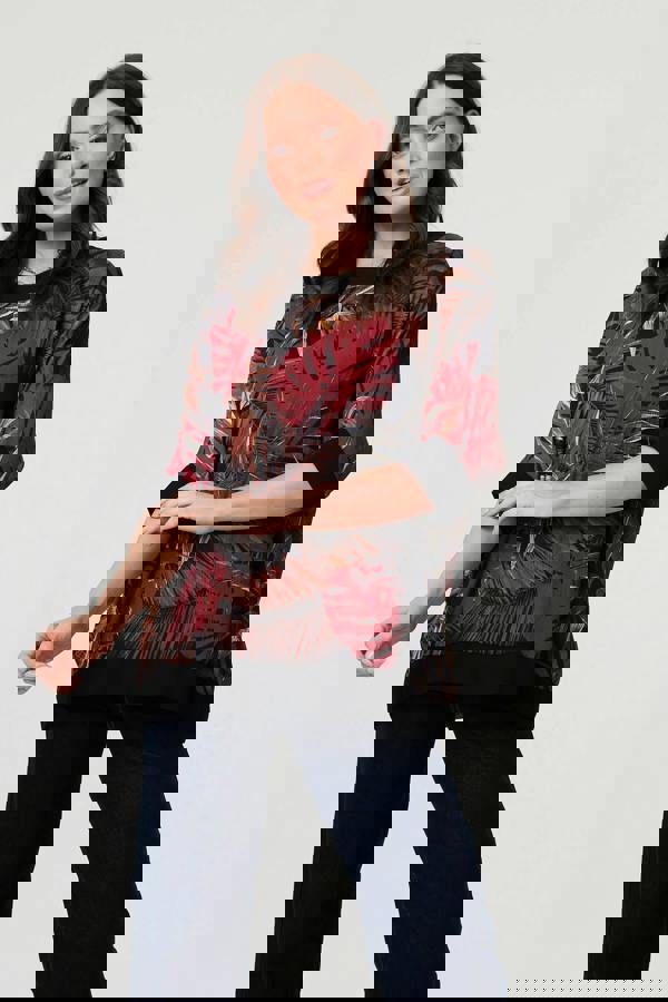 Black | Leaf Print 3/4 Sleeve Relaxed Tunic Top