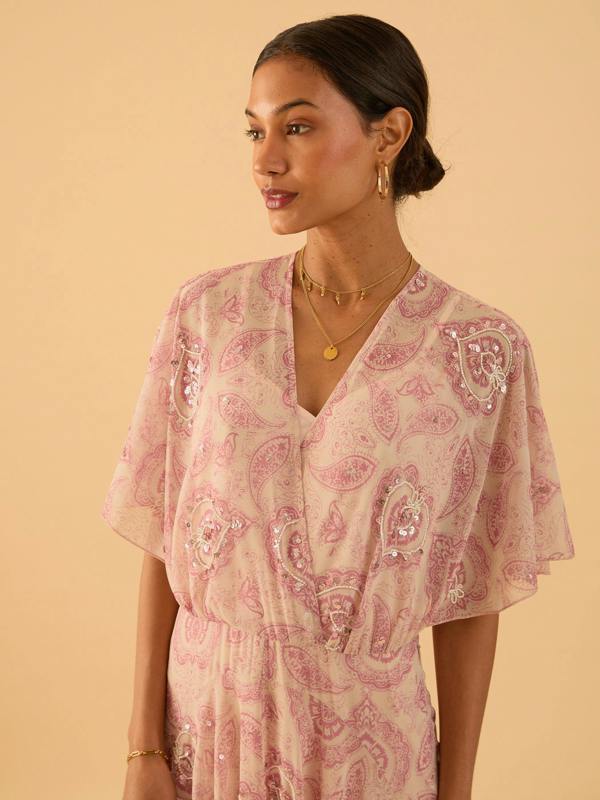 Rose & Nancy Mali Pink Print Beaded Maxi Dress