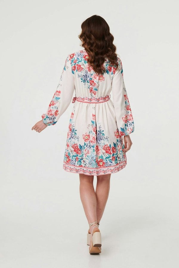 Red | Floral Tie Waist Long Sleeve Short Dress