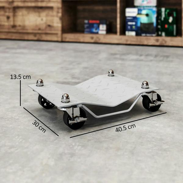 Two-piece metal car wheel dolly set with swivel casters, shown from the side.