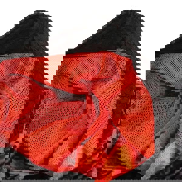 Scruffs Tech Mens Zip Up Work Warm Hooded Jacket Coat, close-up of the interior showing bright orange breathable mesh lining inside the black hooded jacket.