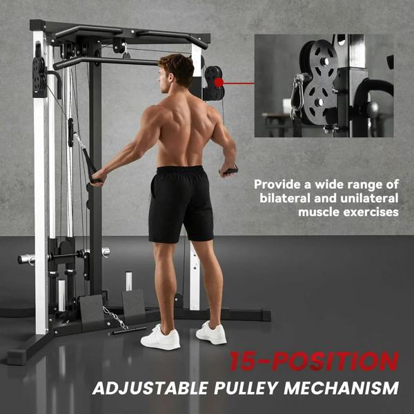 Adjustable pulley cable machine with pull-up bar and high-low pulleys, black frame