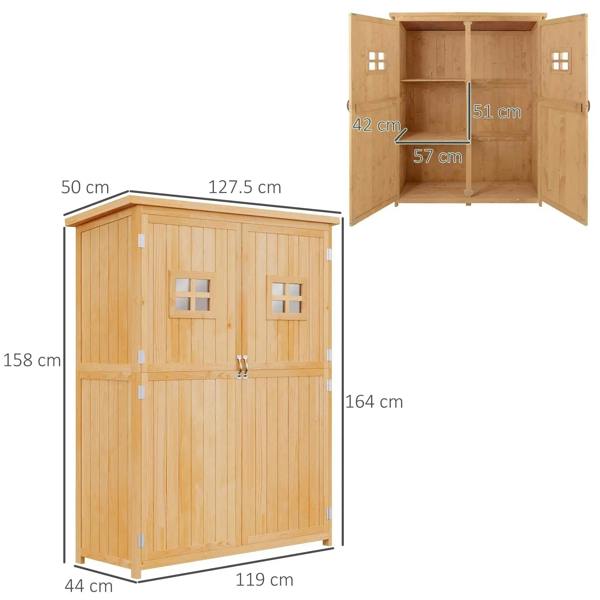 Natural wood garden shed with two windows and an open double-door interior storage space
