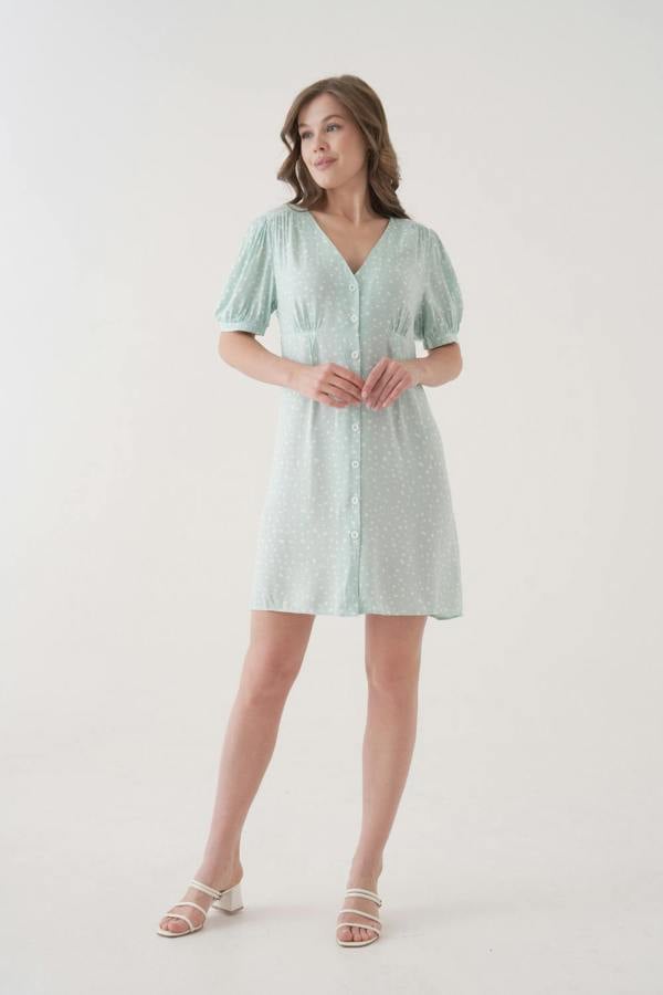 Hoxton Gal Relaxed Fit Green & White Polka Dot Button-Front Puff-Sleeve Mini Dress