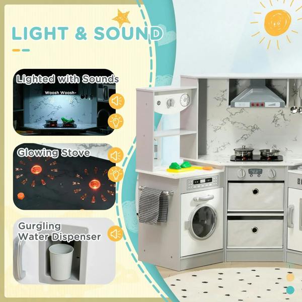 Toy kitchen playset with stove and light-and-sound features, hanging oven towel and apron