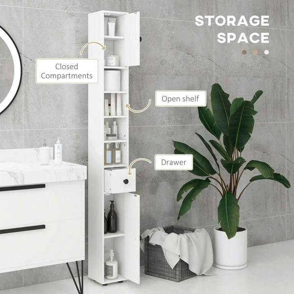 White slim bathroom cabinet with open shelf, closed compartments, and pull-out drawer.
