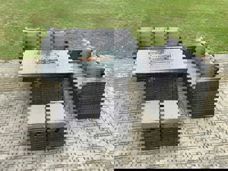 Fimous PE Wicker Outdoor Rattan Garden Furniture Set Propane Gas Fire Pit Table and Sofa set with 2 Small Footstools