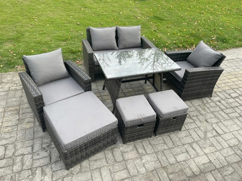Fimous Rattan Wicker Garden Furniture Patio Conservatory Sofa Set with Rectangular Dining Table Armchair 2 Seater Sofa 3 Footstools