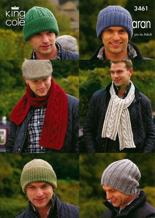 King Cole Merino Knitting Pattern 3461, Headwear, Scarves for Kids, Men, 7 Years- Adult - Advanced