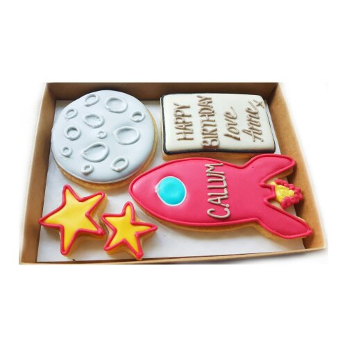 The Cookie Collaboration Hand-iced Personalised Rocket, Moon & Stars Cookie LETTERBOX GIFT/children's gift