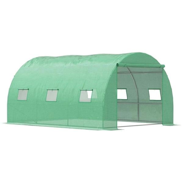 Green walk-in polytunnel greenhouse tent with zipped roll-up door and mesh windows
