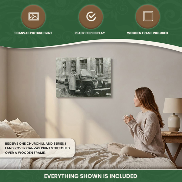 Churchill with Series 1 Land Rover Canvas Print (c.1954), Black and White Wall Art on Wooden Frame, Indoor Use Only