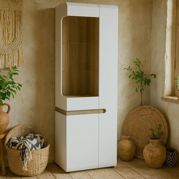 Wyld Haus Foxwhisk Tall Glazed Narrow Display Unit White and Truffle Oak Wood Right Hand