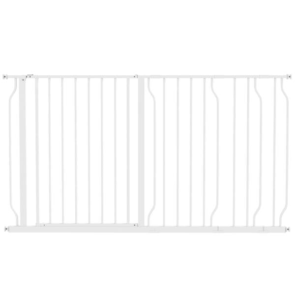 White extra-wide dog safety gate with vertical bars and pressure mounts