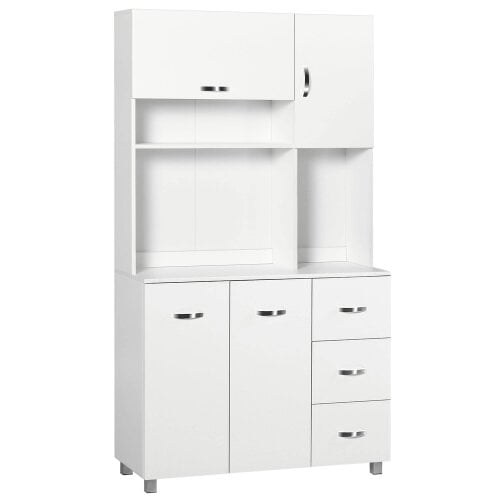 Wyld Haus Vivivi Hapa Wooden White Tall Kitchen Sideboard With Drawers Flip Door Cupboards And OFauxn Shelves