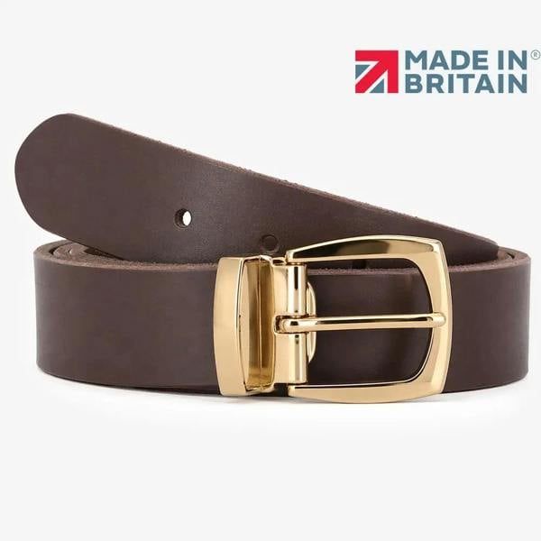Brown leather belt with gold buckle on a white background, featuring 'Made in Britain' logo.