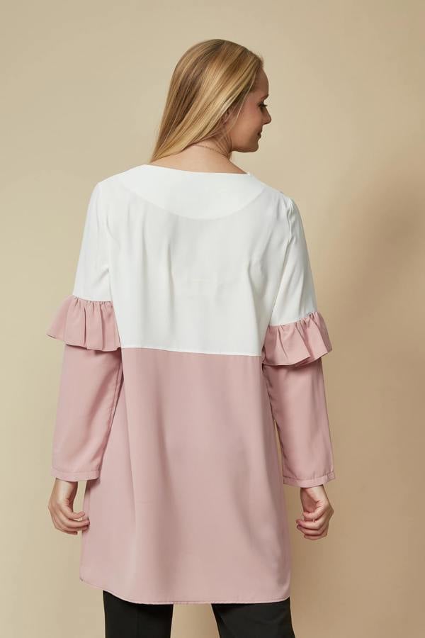 Hoxton Gal Colour Block Top with Frill Detailed on Sleeve in White and Blossom