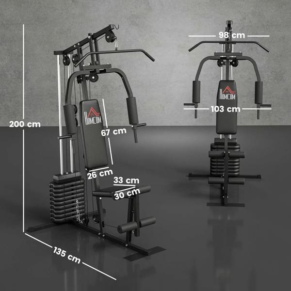 Multifunction home gym machine with bench, pulley arms, and stacked weight system (shown dimensions)