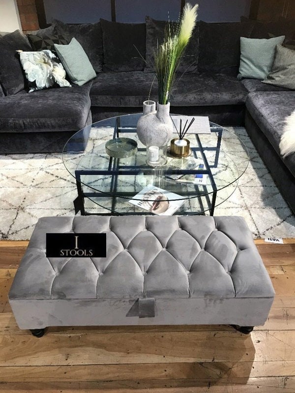 Silver Ottoman Coffee Table Storage Bench | Light Grey Chesterfield Footstool - ISTOOLS