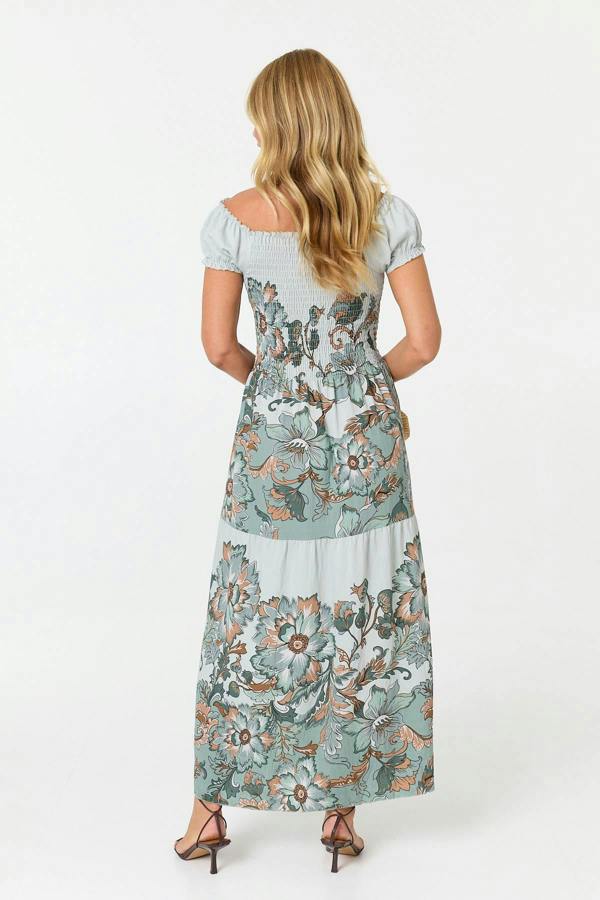 Green | Floral Bardot Short Sleeve Maxi Dress