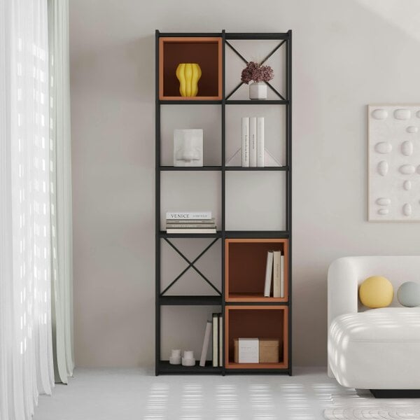 Decortie Modern Vale Midi Bookcase Display Unit 5-Tier Metal Frame 3 Adjustable Shelf 18mm Engineered Wood (Black Wood