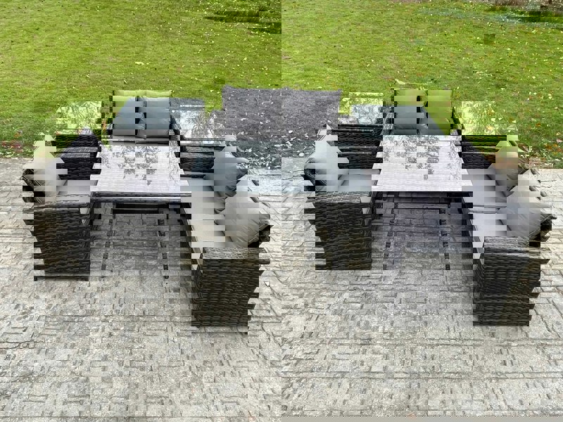 Fimous Wicker PE Rattan Garden Dining Set Outdoor Furniture Sofa with Rectangular Dining Table Love Seat Sofa 2 Side Tables Dark Grey Mixed