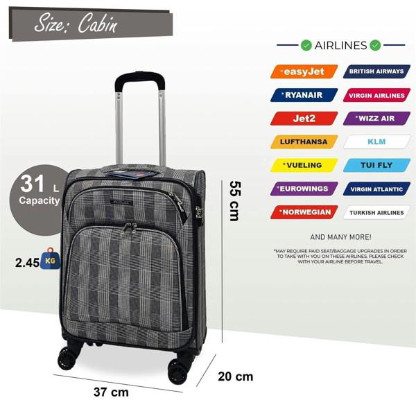 Eagle Luggage Soft Shell Cabin Suitcase 55 x 37 x 20 cm Lightweight Luggage Suitable for Easyjet, Ryanair
