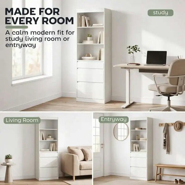 Bookcase with Drawers Adjustable Shelves Book Shelf for Study Living Room White