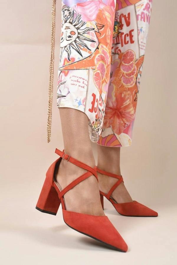 Alaina Cross Strap Block Heels - Red
