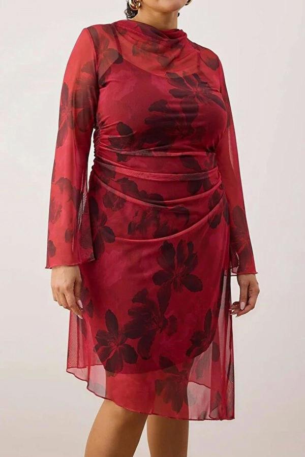 WOVCOR Floral Pattern A-Line Tulle Knit Plus Size Dress