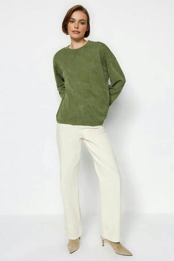 WOVCOR Thick Cotton Vintage Effect Relaxed Crew Neck Knit T-Shirt