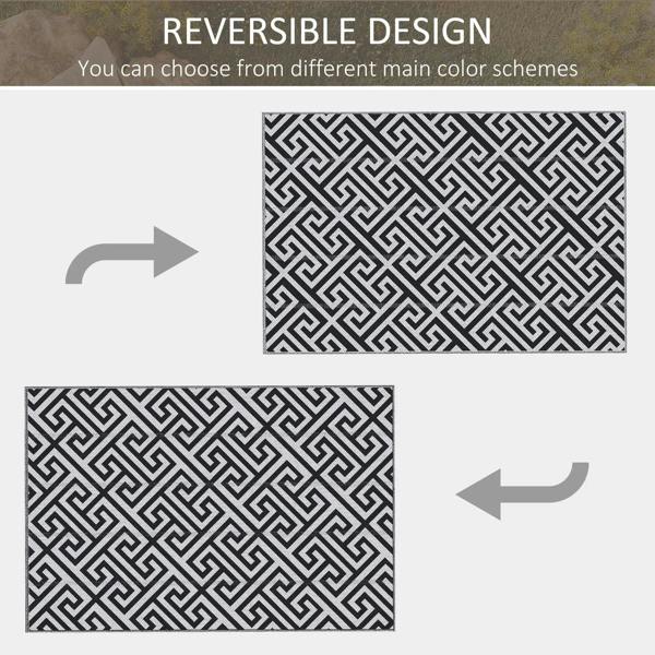 Reversible black and white Greek key rug, side layout with arrows.