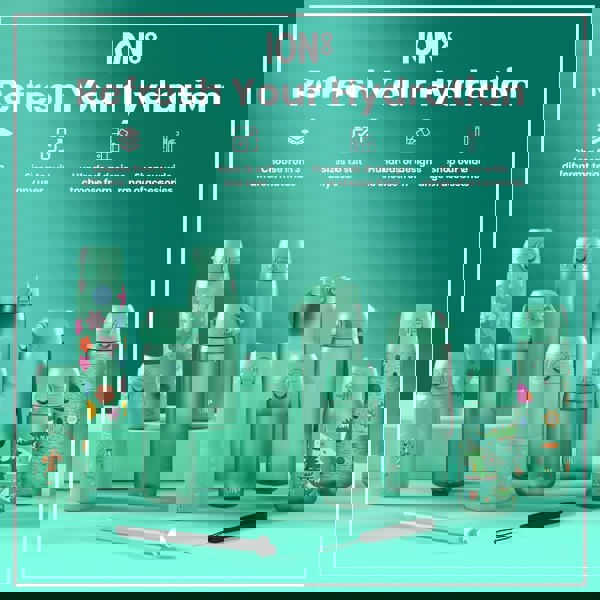 Several teal-colored water bottles, varying in size and design, are displayed on a teal surface. They showcase different materials and designs. Accompanying text promotes ION8 hydration products and accessories.