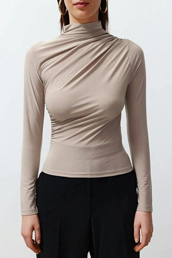 WOVCOR Draped High Neck Long Sleeve Blouse