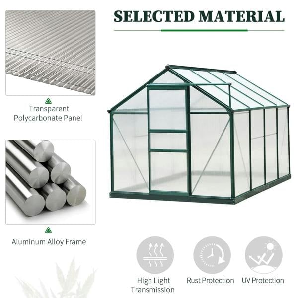Dark green greenhouse with clear polycarbonate panels and aluminum frame, large walk-in