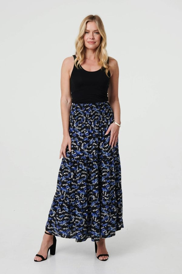 Blue | Floral High Waist Shirred Maxi Skirt

