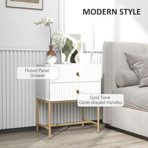 Wyld Haus Lelu Rata White and Gold Elegant 2 Drawer Ribbed Bedside Table