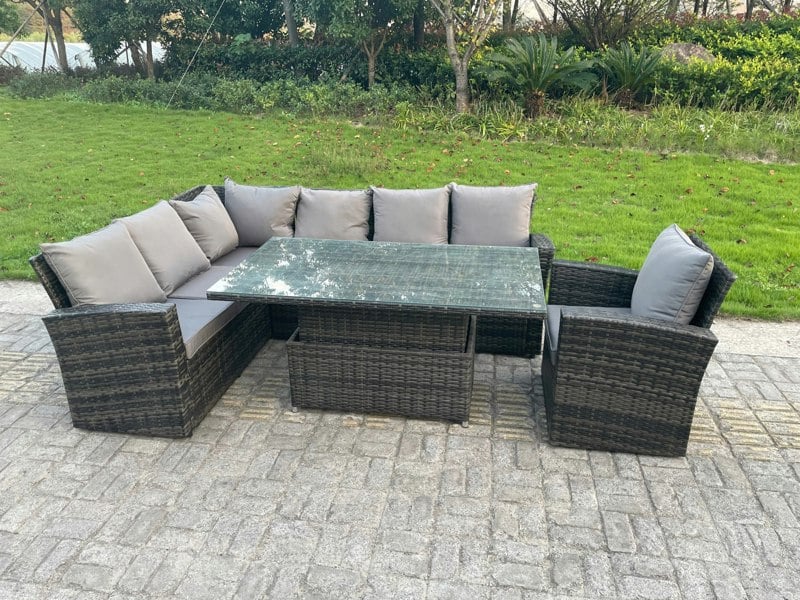 Fimous High Back PE Rattan Corner Sofa Set Garden Furniture Adjustable Rising Lifting Table Set With Chair