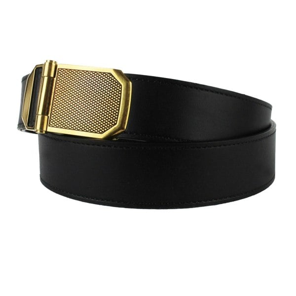 Dunhill black leather belt An antique brass tone buckle in an engraved engine turn pattern