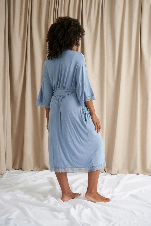 Pretty You London Women's Bamboo Lace Kimono Robe Dressing Gown in Blue Mist