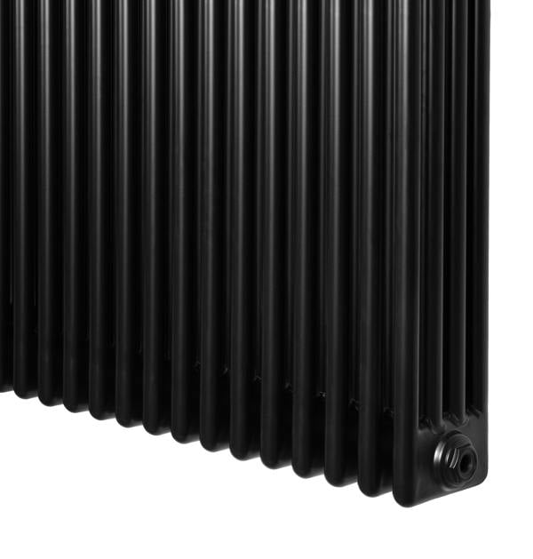 Traditional 4 column radiator in sleek black finish, measuring 1800 x 290mm, featuring a ribbed texture and rounded edges