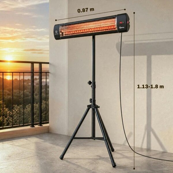 Bobobiy 2500 W Electric Infrared Patio Heater, IP65 Outdoor Garden Heater with Tripod, 3 Heat Settings, 24H Timer, Black