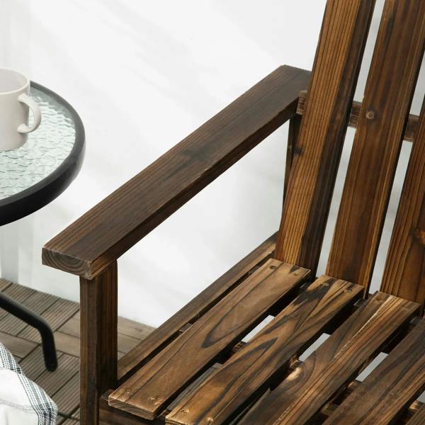 Wooden armrest and slatted seat board detail on outdoor bench, carbonised finish