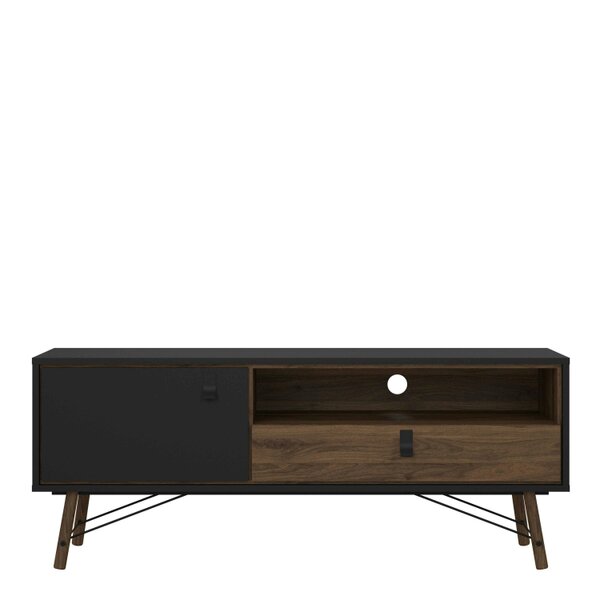 Wyld Haus Juno Black and Walnut Wood TV Unit 1 Door 1 Drawer and Open Shelf
