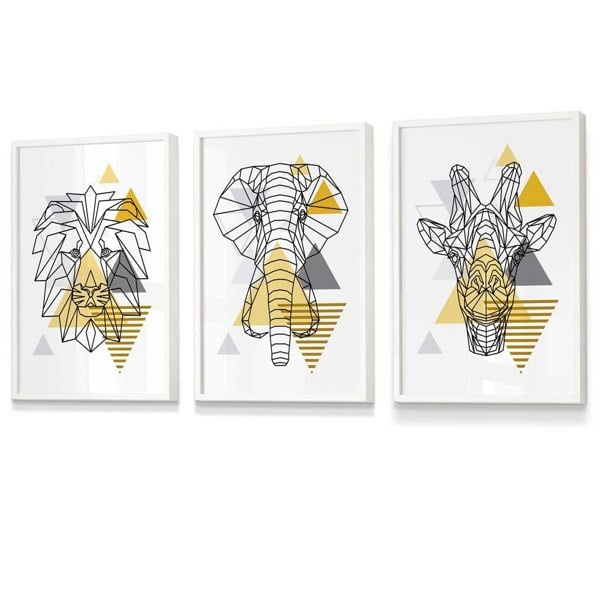 Artze Wall Art Yellow Geometric Giraffe Lion Elephant Set of 3 Framed Wall Art