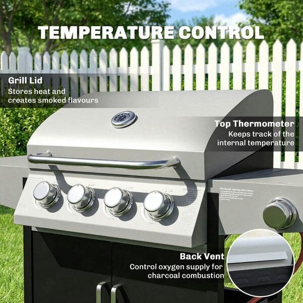 Bobobiy 4+1 Burner Gas BBQ Grill with Side Burner, 14.5 kW Steel Portable Gas Barbecue Grill with Built-in Thermometer, Lid