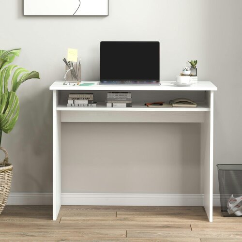 Wyld Haus Doha 90cm Wooden White Wood Grain Compact Study Desk With Storage Shelf